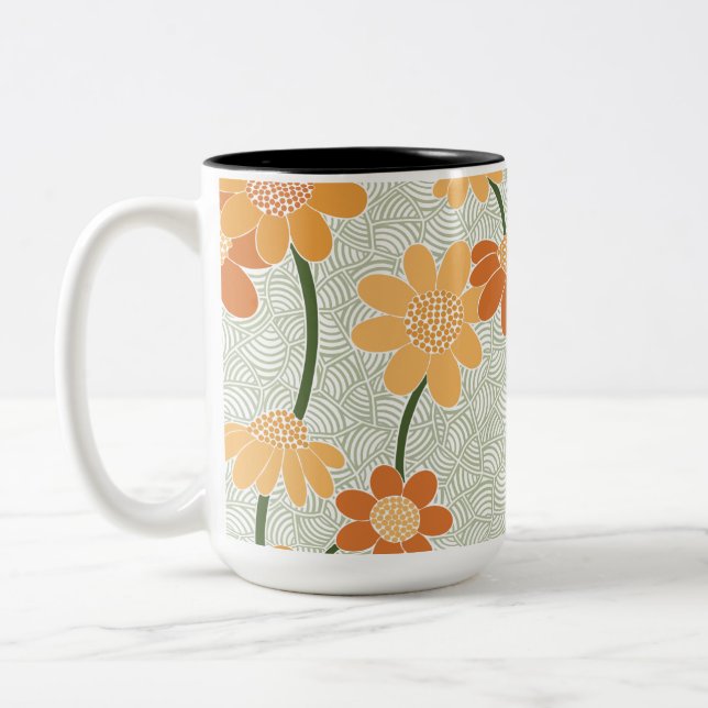 Pretty retro muted 1970s flowers Two-Tone coffee mug (Left)
