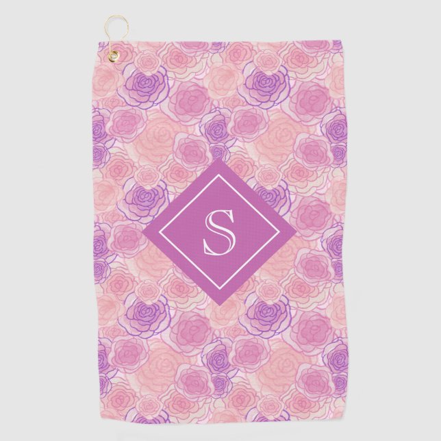 Pretty Retro Purple Rose Floral Monogram Golf Towel (Front)