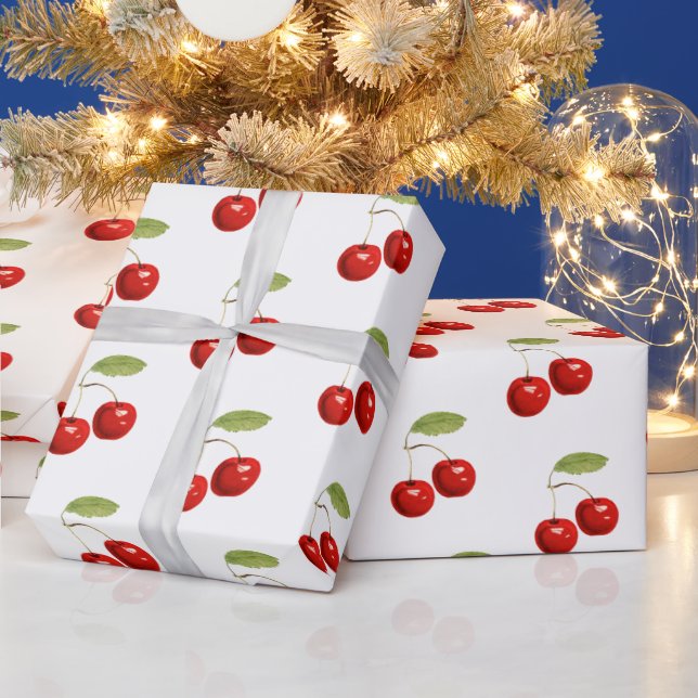 Pretty Retro Red Cherries On White  Wrapping Paper (Holidays)