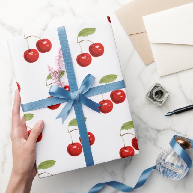 Pretty Retro Red Cherries On White  Wrapping Paper (Gifting)