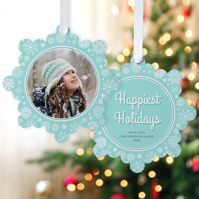 Pretty Retro Snowflakes Photo Christmas Holiday  Ornament Card (Creator Uploaded)