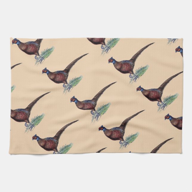 Pretty Ring Neck Pheasant Tan Kitchen Towel (Horizontal)