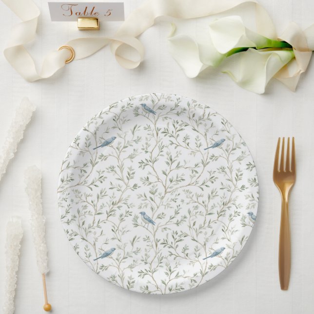 Pretty Romantic Blue Birds Bridal Shower Paper Plates (Wedding)