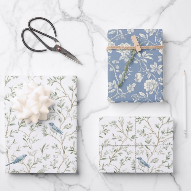 Pretty Romantic Blue Birds Flowers Bridal Shower Wrapping Paper Sheets (Front)
