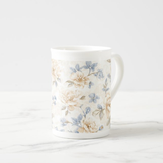 Pretty Romantic Blue Cream Flowers   Bone China Mug (Front Right)