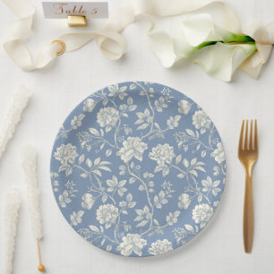 Pretty Romantic Blue Cream Flowers Bridal Shower Paper Plates