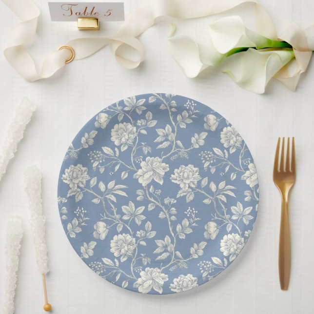 Pretty Romantic Blue Cream Flowers Bridal Shower Paper Plates (Wedding)