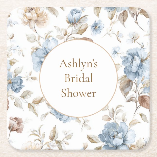 Pretty Romantic Blue Flowers Bridal Shower Square Paper Coaster (Front)