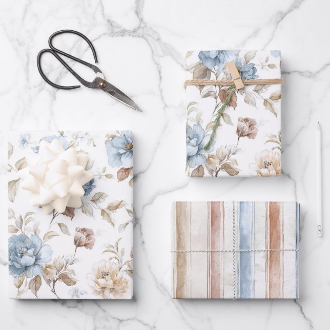 Pretty Romantic Blue Flowers Wedding Wrapping Paper Sheets (Front)