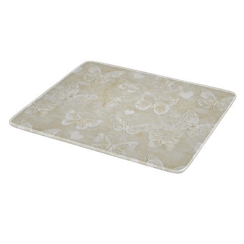 Pretty Romantic Cream Ivory Butterflies Hearts   Cutting Board