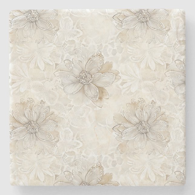 Pretty Romantic Cream Ivory Flowers Wedding Stone Coaster (Front)