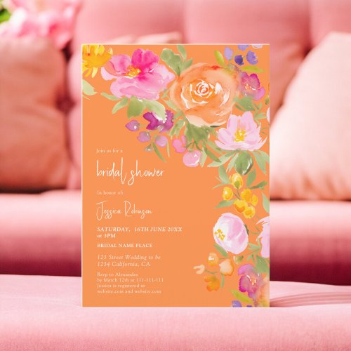 Pretty romantic orange summer floral bridal shower invitation