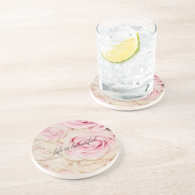 Pretty romantic pink cream roses coaster (Side)