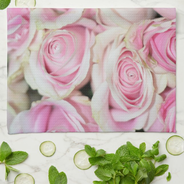 Pretty romantic pink cream roses kitchen towel (Folded)