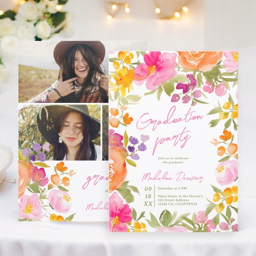 Pretty romantic pink floral 3 photos graduation invitation