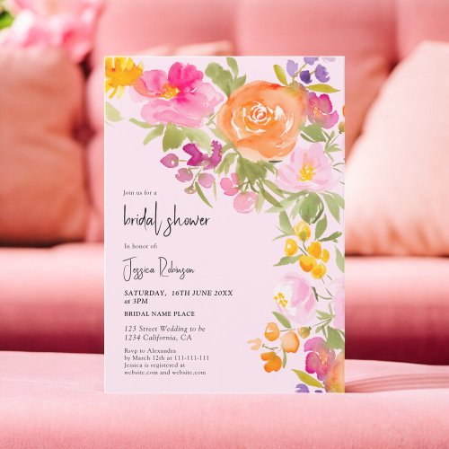 Pretty romantic pink summer floral bridal shower invitation