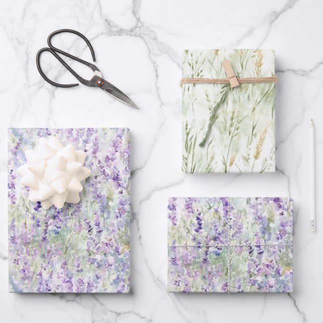 Pretty Romantic Purple Flowers Bridal Shower Wrapping Paper Sheets (Front)