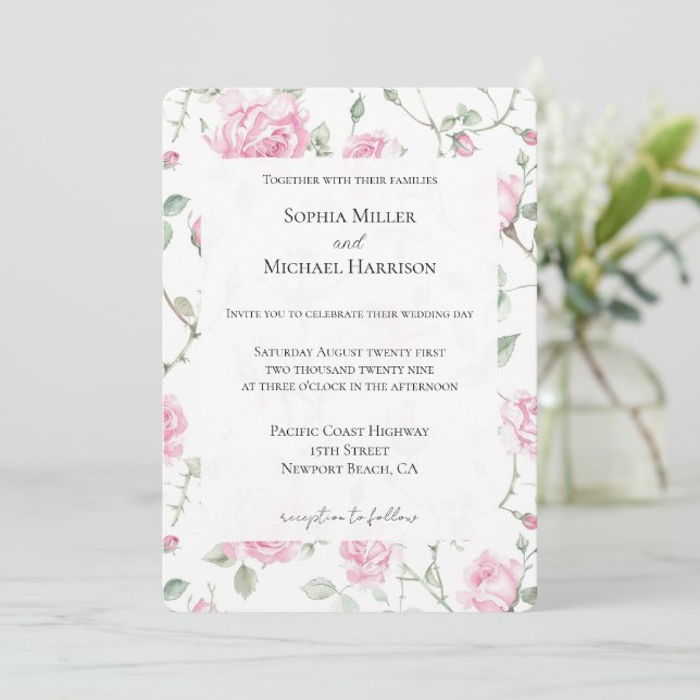 Pretty Romantic White Pink Roses Floral Wedding Invitation (Standing Front)
