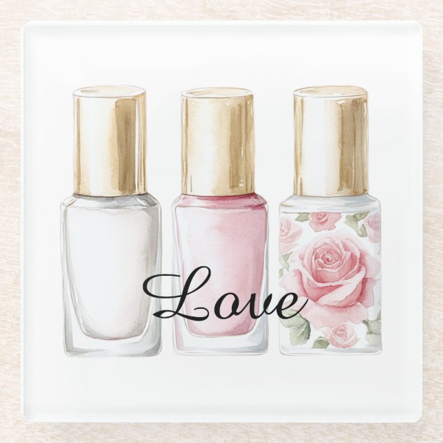 Pretty Rose Blush Pink Floral Nail Polish Glass Coaster (Front)