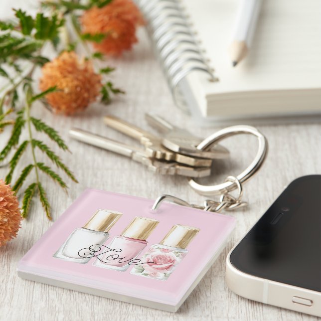 Pretty Rose Blush Pink Floral Nail Polish Keychain (Front Right)