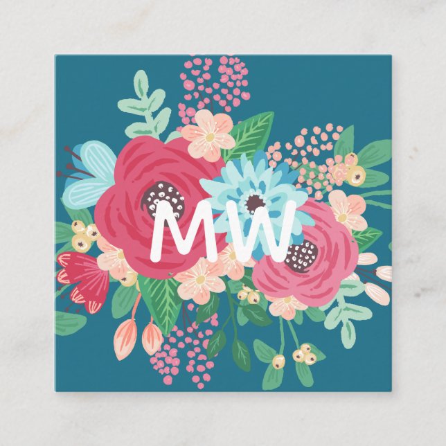 Pretty Rose Bouquets - Teal & Pink - Monogram Square Business Card (Front)
