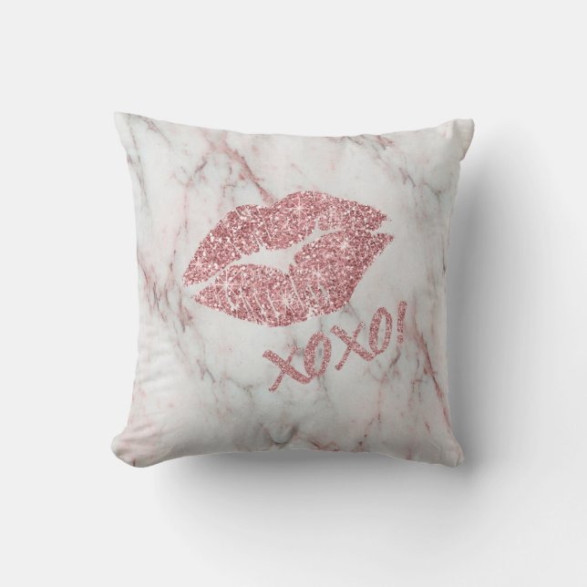 Pretty Rose Faux Glitter XOXO Kiss Throw Pillow (Front)