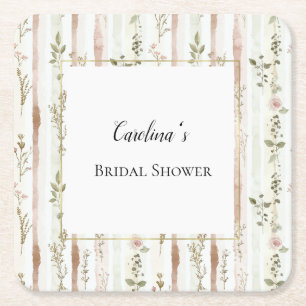 Pretty Rose Floral Stripes Bridal Shower Square Paper Coaster