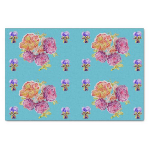 Pretty Rose Flower Floral Turquoise Roses Pattern Tissue Paper