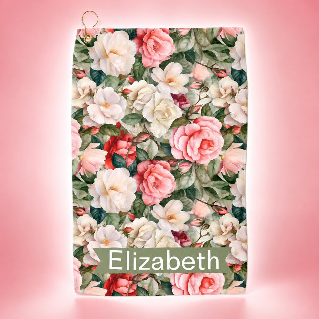  Pretty Rose Garden Patterned Personalized Golf Towel (Pretty Rose Garden Patterned and Personalized Golf Towel For Women.)