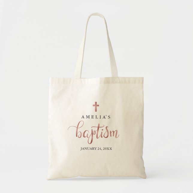 Pretty Rose Gold Baptism Tote Bag (Front)