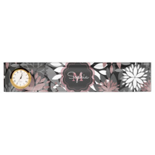 Pretty Rose Gold Geometric Flowers Illustration Desk Name Plate