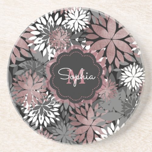 Pretty Rose Gold Geometric Flowers Illustration Drink Coaster