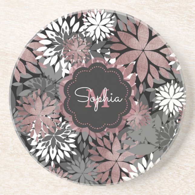 Pretty Rose Gold Geometric Flowers Illustration Drink Coaster (Front)