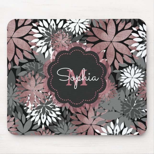 Pretty Rose Gold Geometric Flowers Illustration Mouse Pad (Front)