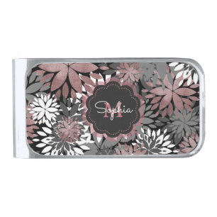 Pretty Rose Gold Geometric Flowers Illustration Silver Finish Money Clip
