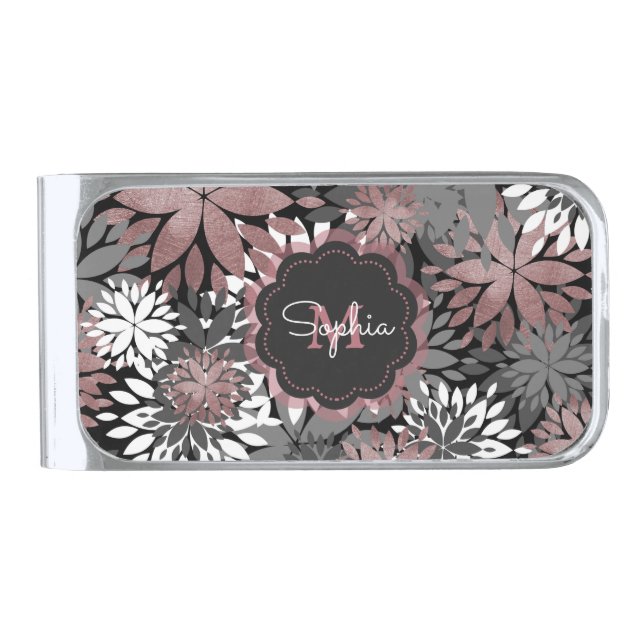 Pretty Rose Gold Geometric Flowers Illustration Silver Finish Money Clip (Front)