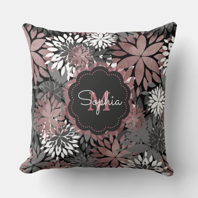Pretty Rose Gold Geometric Flowers Illustration Throw Pillow (Front)
