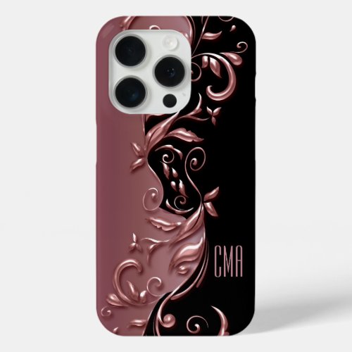 Pretty Rose Gold Ornate Design  Monogram iPhone 15 Pro Case