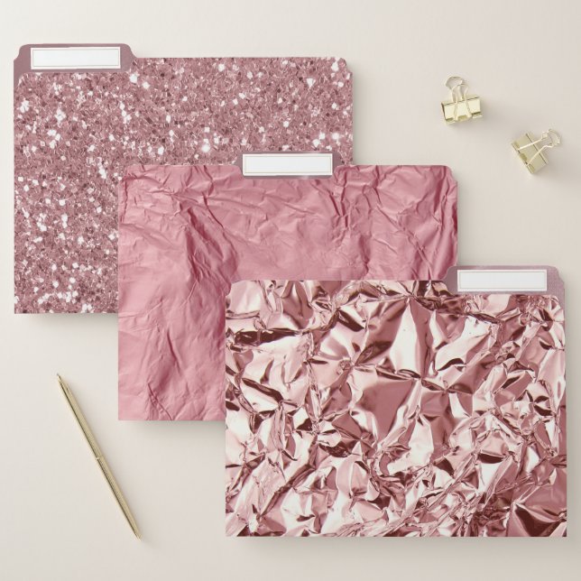 Pretty Rose Gold Pink Glitter Crinkle Metallic File Folder (Set)