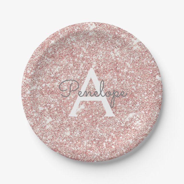 Pretty Rose Gold  Pink Glitter Sparkle Monogram Paper Plates (Front)