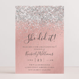 Pretty Rose Gold Silver Glitter Sparkly Graduation Invitation