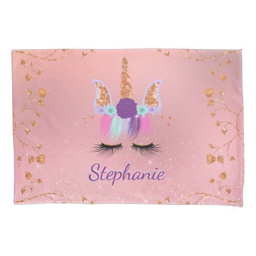 Pretty Rose Gold Unicorn Glitter Personalized Name Pillow Case