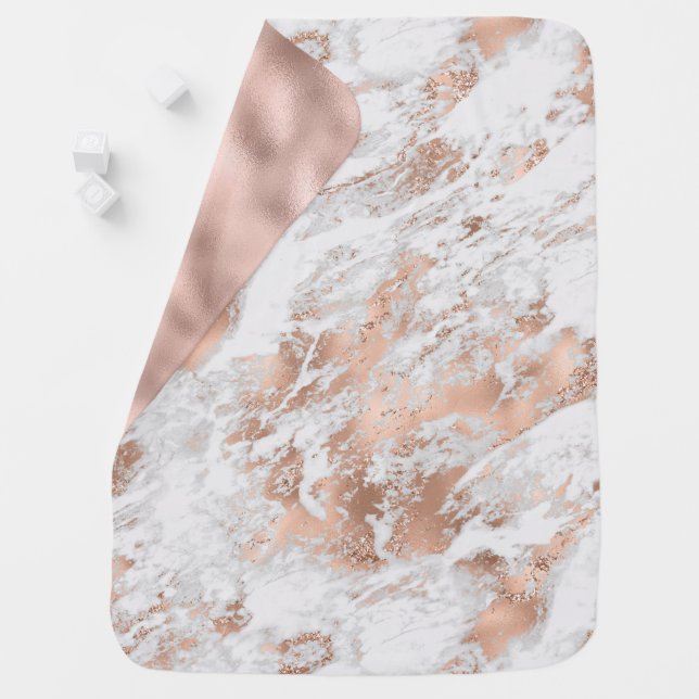 Pretty Rose Gold White Glitzy Marble    Baby Blanket (In Situ)