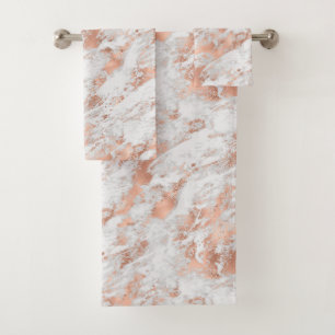 Pretty Rose Gold White Glitzy Marble     Bath Towel Set