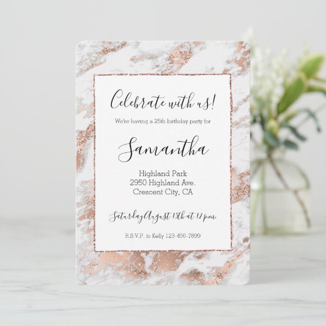 Pretty Rose Gold White Glitzy Marble Birthday Invitation (Standing Front)