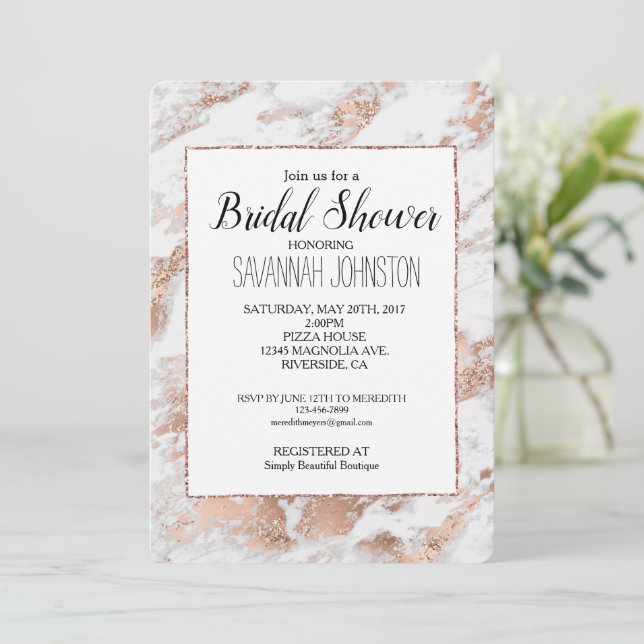Pretty Rose Gold White Glitzy Marble Bridal Shower Invitation (Standing Front)