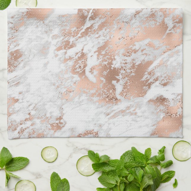 Pretty Rose Gold White Glitzy Marble      Kitchen Towel (Folded)