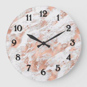 Pretty Rose Gold White Glitzy Marble Large Clock