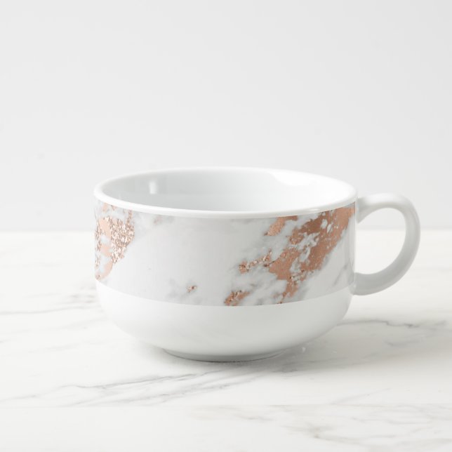 Pretty Rose Gold White Glitzy Marble        Soup Mug (Left)