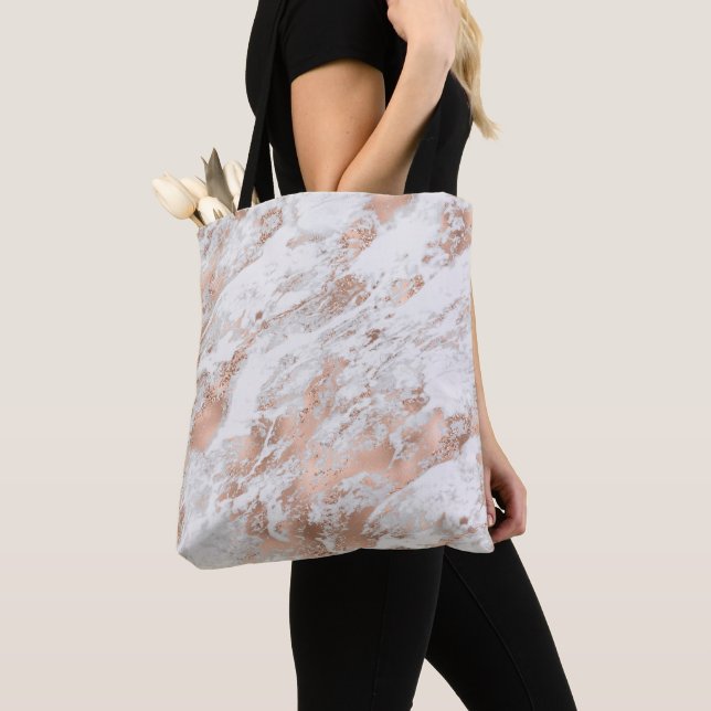 Pretty Rose Gold White Glitzy Marble     Tote Bag (Close Up)